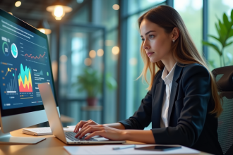 Jeune femme professionnelle analysant des graphiques marketing