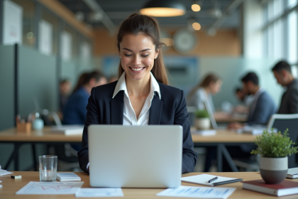 Femme professionnelle souriante examine un logiciel CRM au bureau