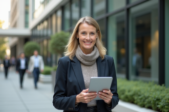 Femme d affaires confiante devant un immeuble moderne