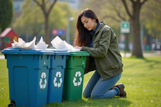 Femme en plein recyclage dans un parc urbain vert