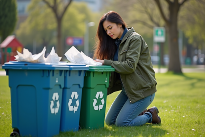 Femme en plein recyclage dans un parc urbain vert