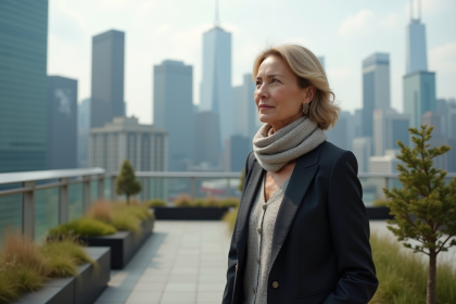 Femme d'&acirc;ge moyen sur un toit de ville moderne