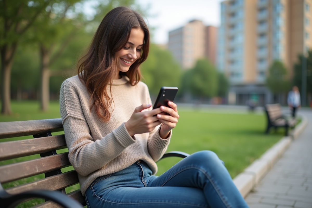 Femme souriante utilisant son smartphone dans un parc