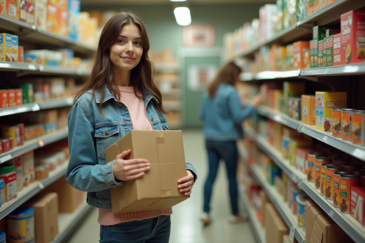 Jeune femme dans un supermarché des années 1980 faisant ses courses