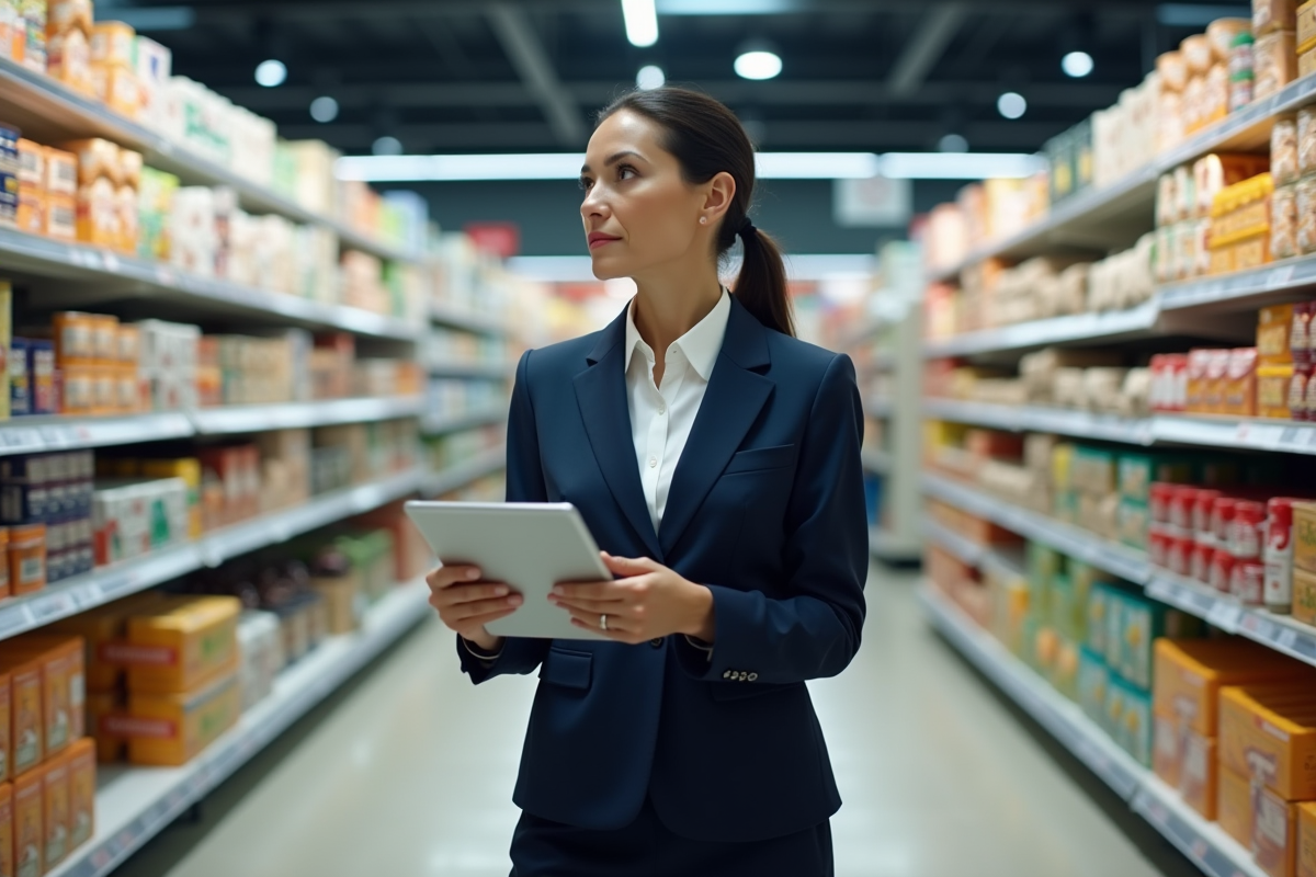 Femme d affaires dans un supermarché avec tablette