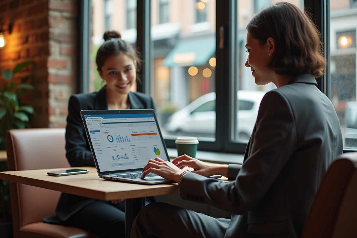 Jeune femme travaillant sur son ordinateur dans un café