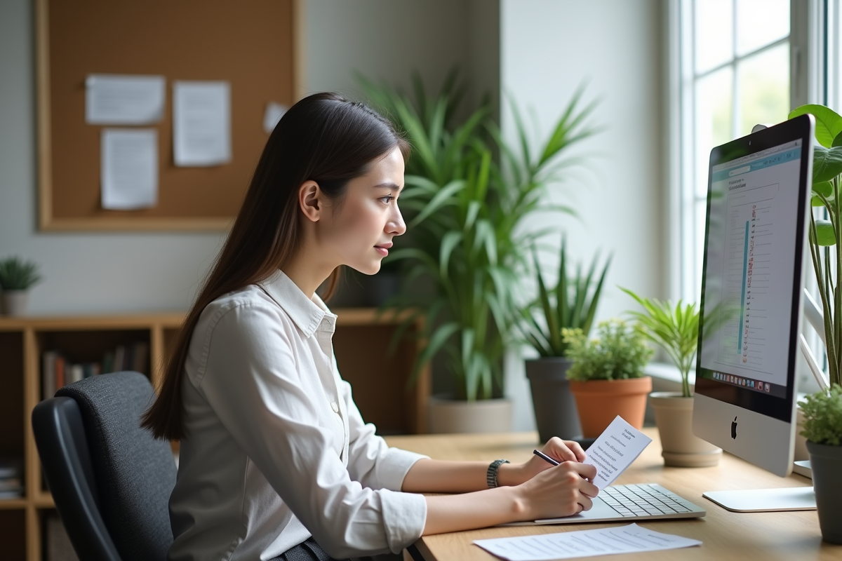 Jeune femme en bureau à domicile vérifiant une liste de contrôle