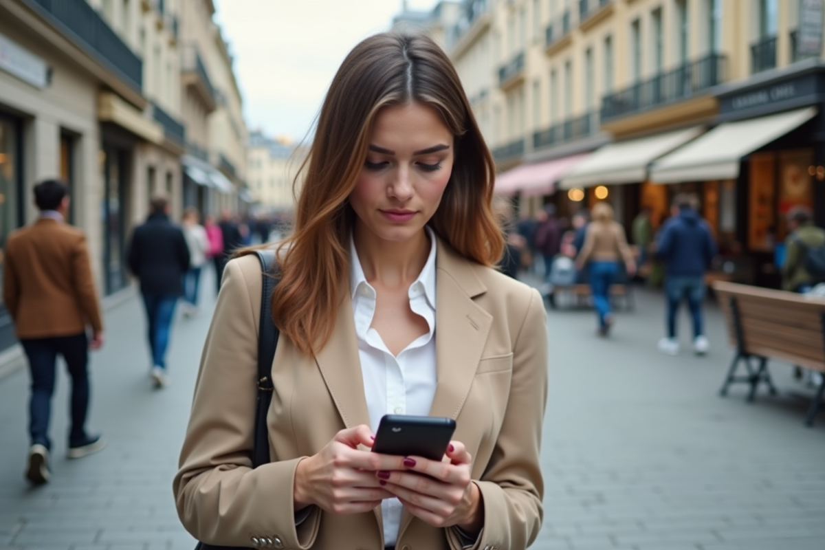Jeune femme française utilisant son smartphone en ville