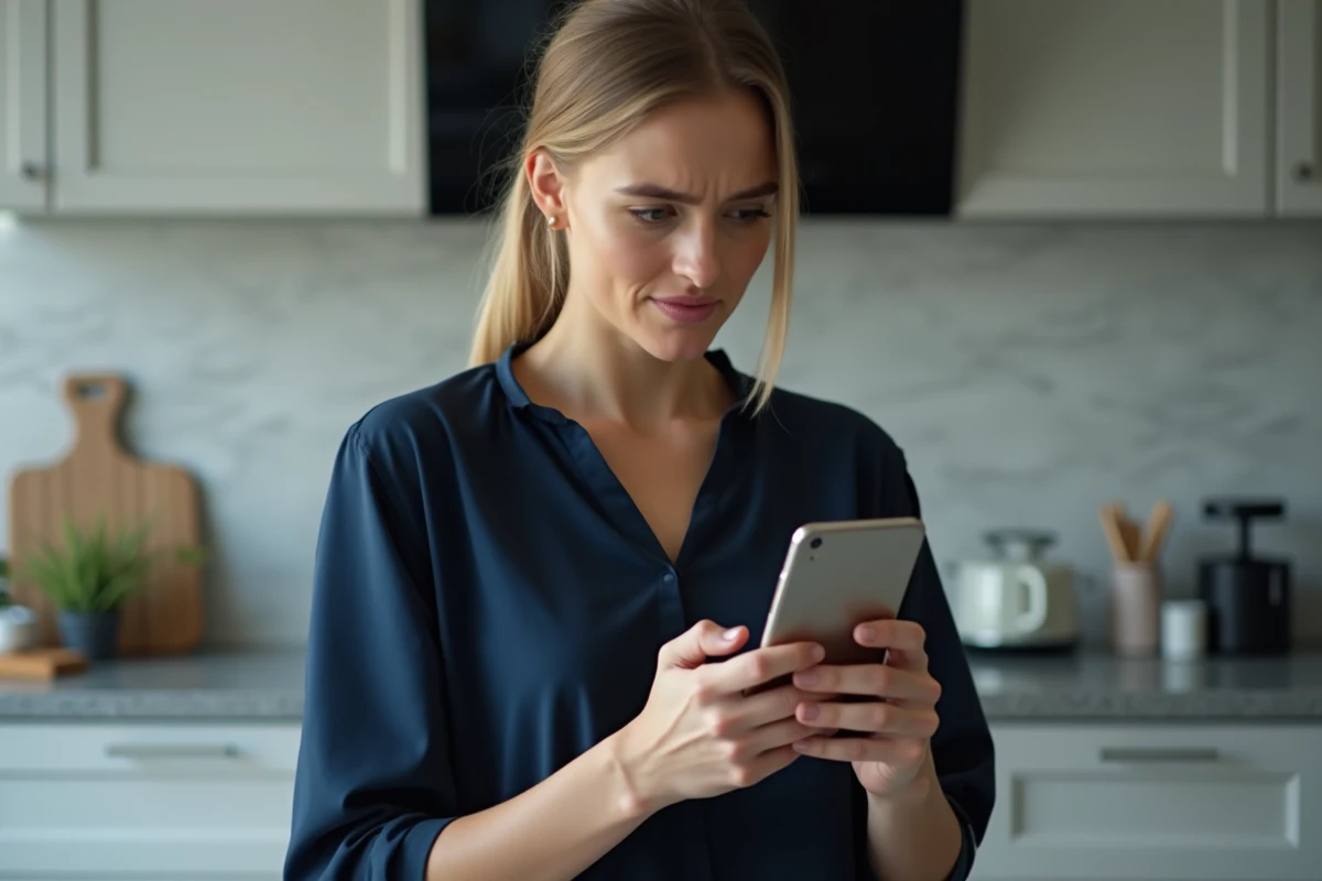 Femme examinant un site de vente en ligne suspect sur son smartphone pour éviter une arnaque e-commerce