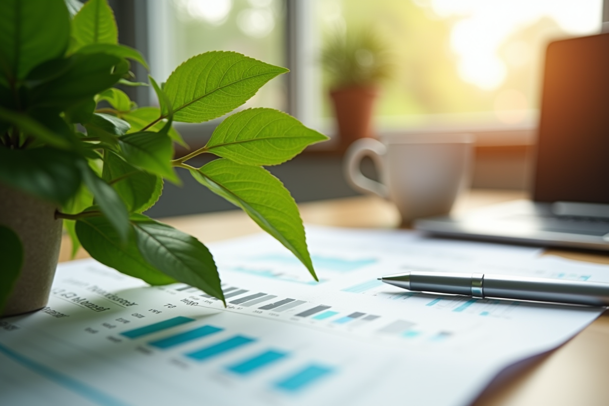 Feuilles vertes sur un rapport financier avec tasse et stylo