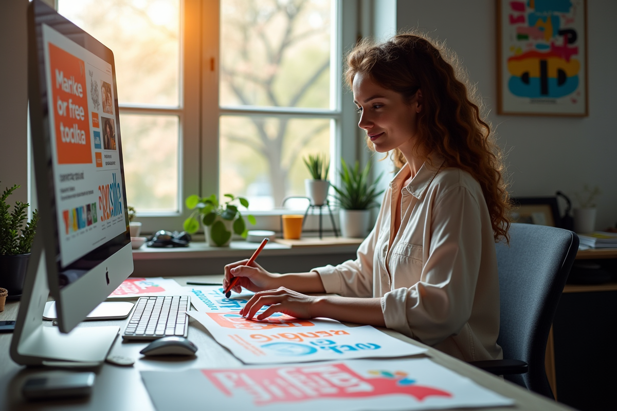 Graphiste arrangeant affiches colorées dans un bureau lumineux