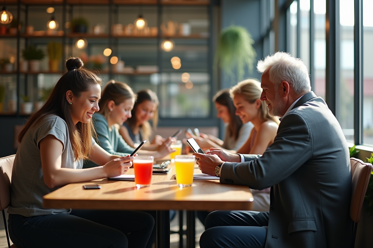 Groupe diversifié de personnes dans un café utilisant leurs smartphones