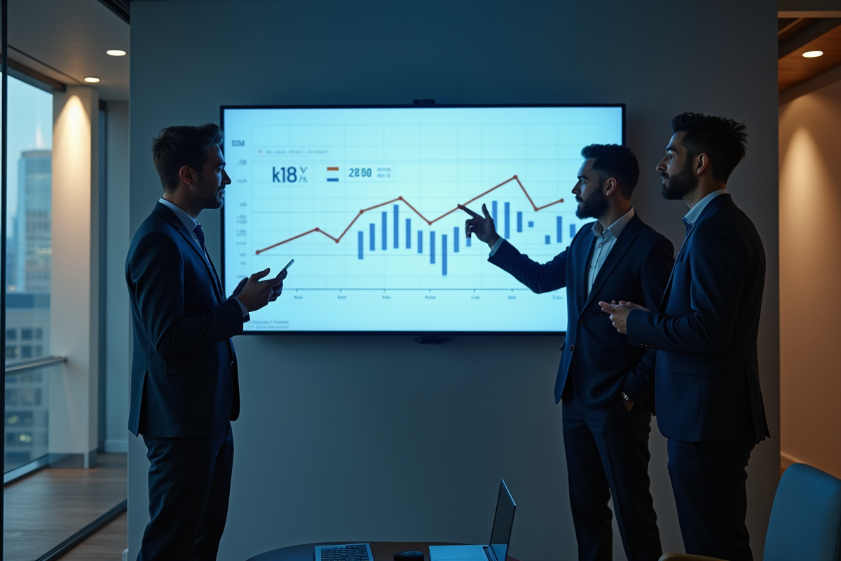 Groupe de professionnels discutant devant un tableau digital