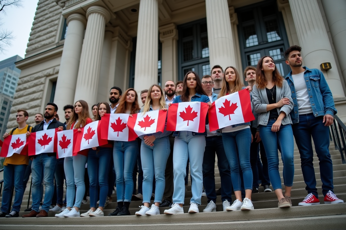 Groupe de jeunes avec drapeaux du Quebec devant un bâtiment