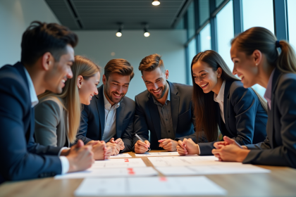 Groupe de jeunes autour d'une table avec produits sportifs