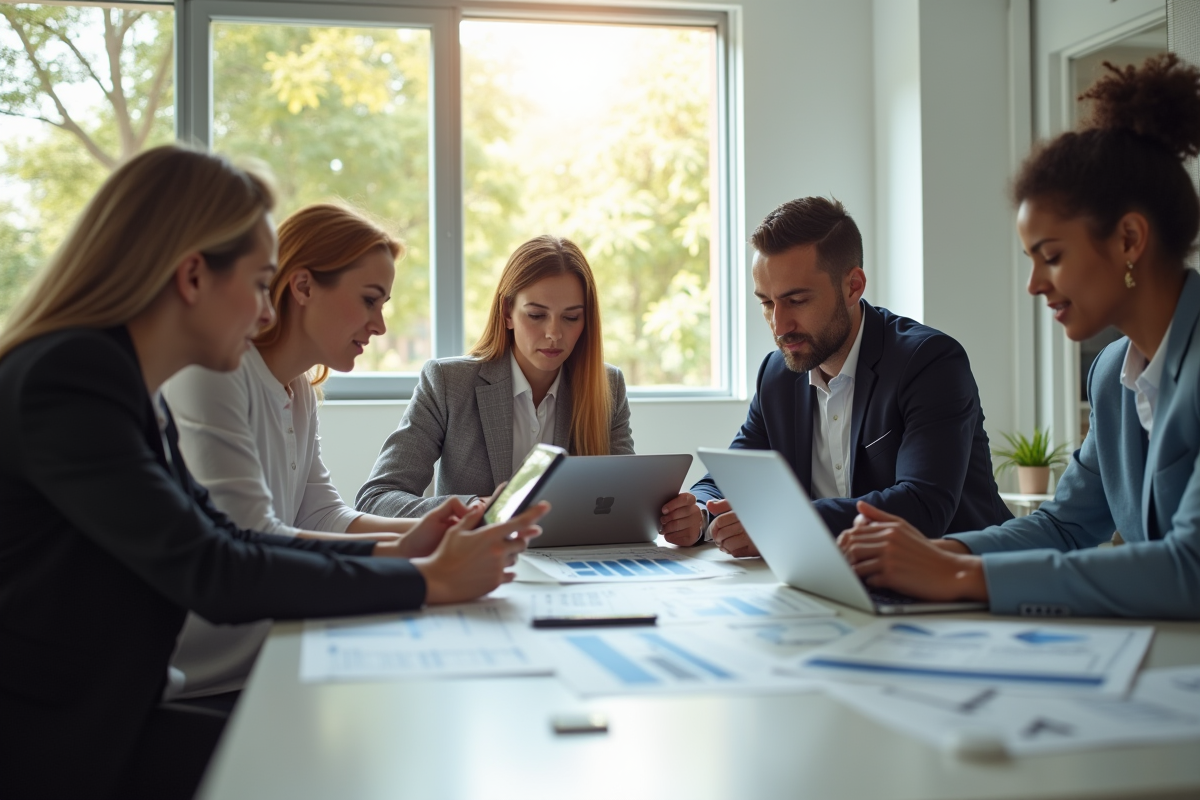 Groupe de professionnels collaborant dans un bureau lumineux