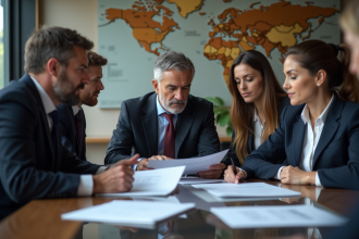 Groupe de professionnels examinant des documents juridiques multilingues