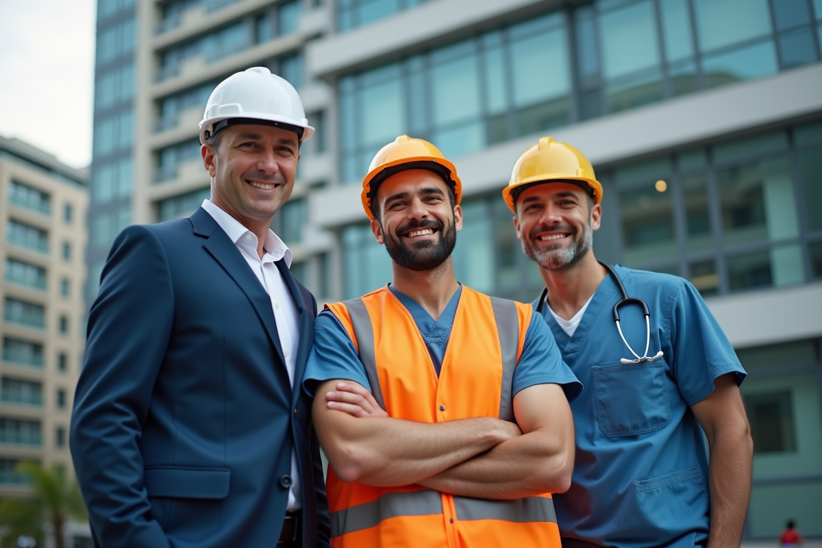 Groupe de travailleurs divers devant un immeuble moderne