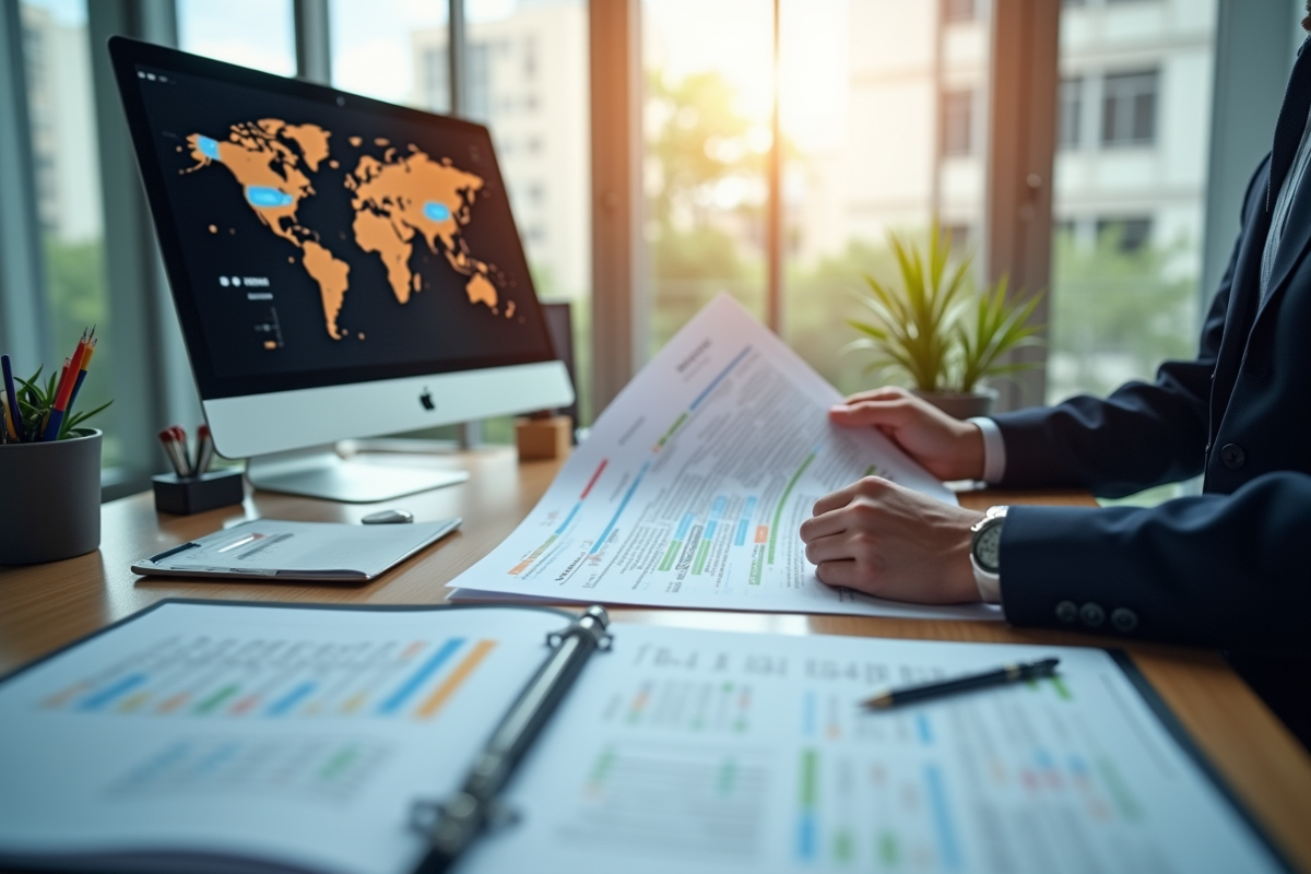 Homme d'affaires vérifiant documents d'exportation dans un bureau moderne