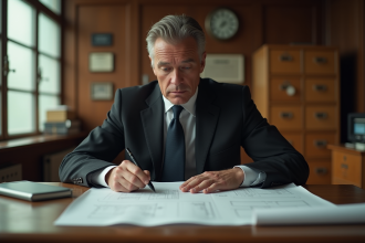 Homme allemand en costume étudiant des plans dans un bureau vintage