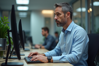 Homme d'affaires concentré tapant sur son ordinateur au bureau
