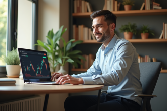 Homme confiant au bureau regardant ses graphiques de gains