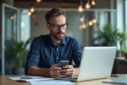 Homme français en bureau regardant SMS sur ordinateur