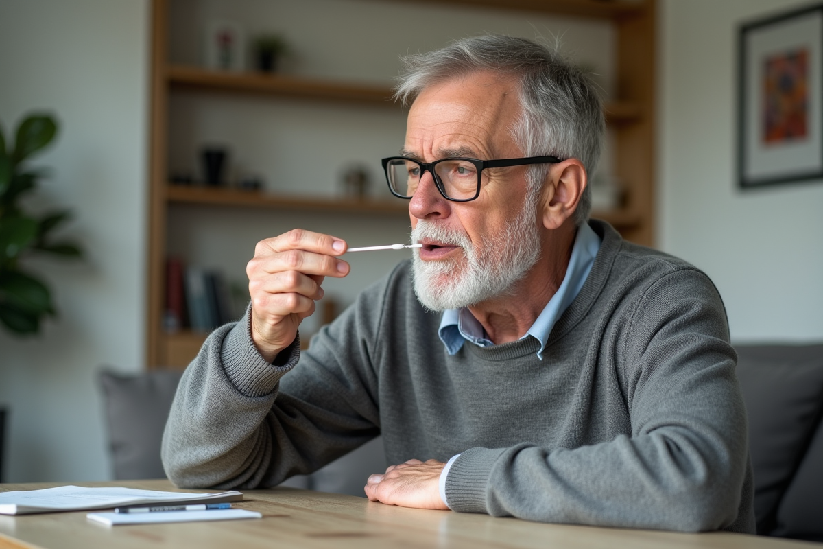Homme âgé utilisant un coton-tige pour un test à domicile