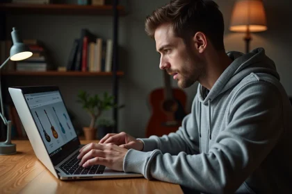 Homme comparant Thomann et une fausse boutique en ligne sur son ordinateur portable dans un bureau à domicile