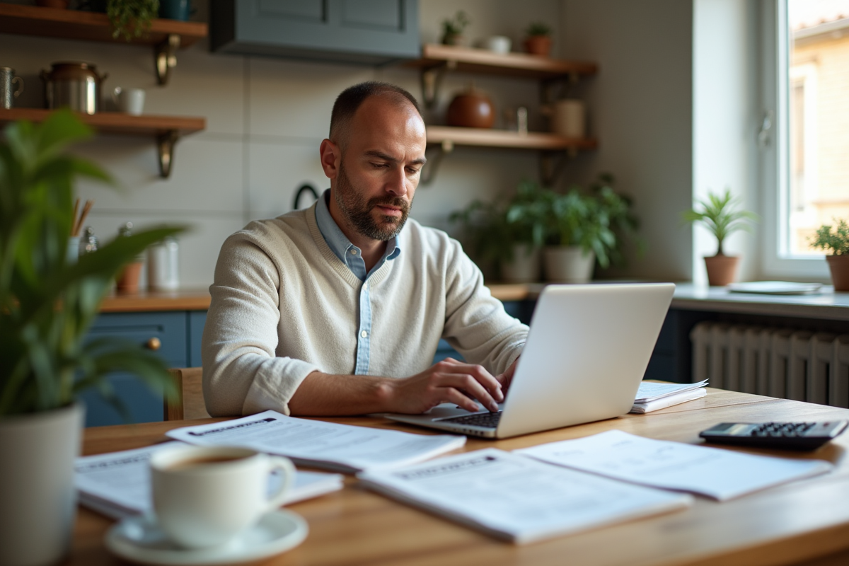 Homme détendu travaillant à la maison dans la cuisine