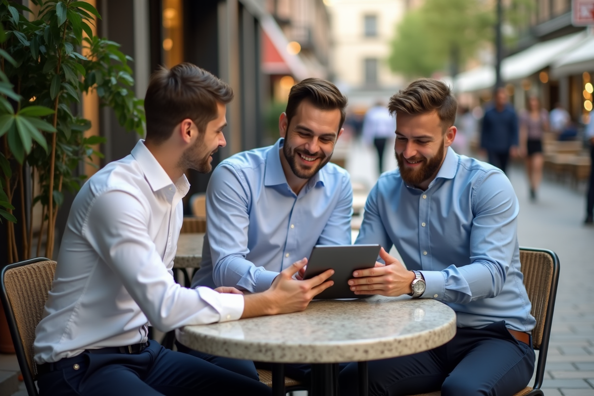 Homme présentant des analyses Instagram à ses collègues en terrasse