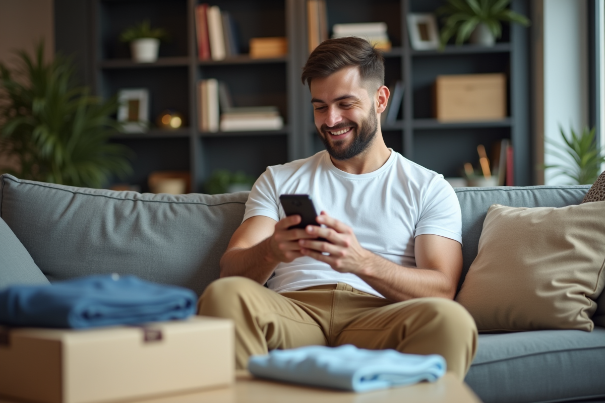 Homme recevant colis dans un salon moderne