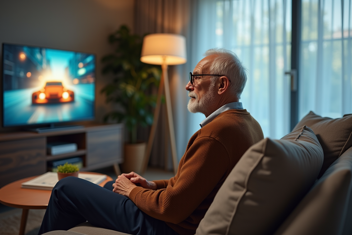 Homme âgé regardant la télévision dans un salon moderne