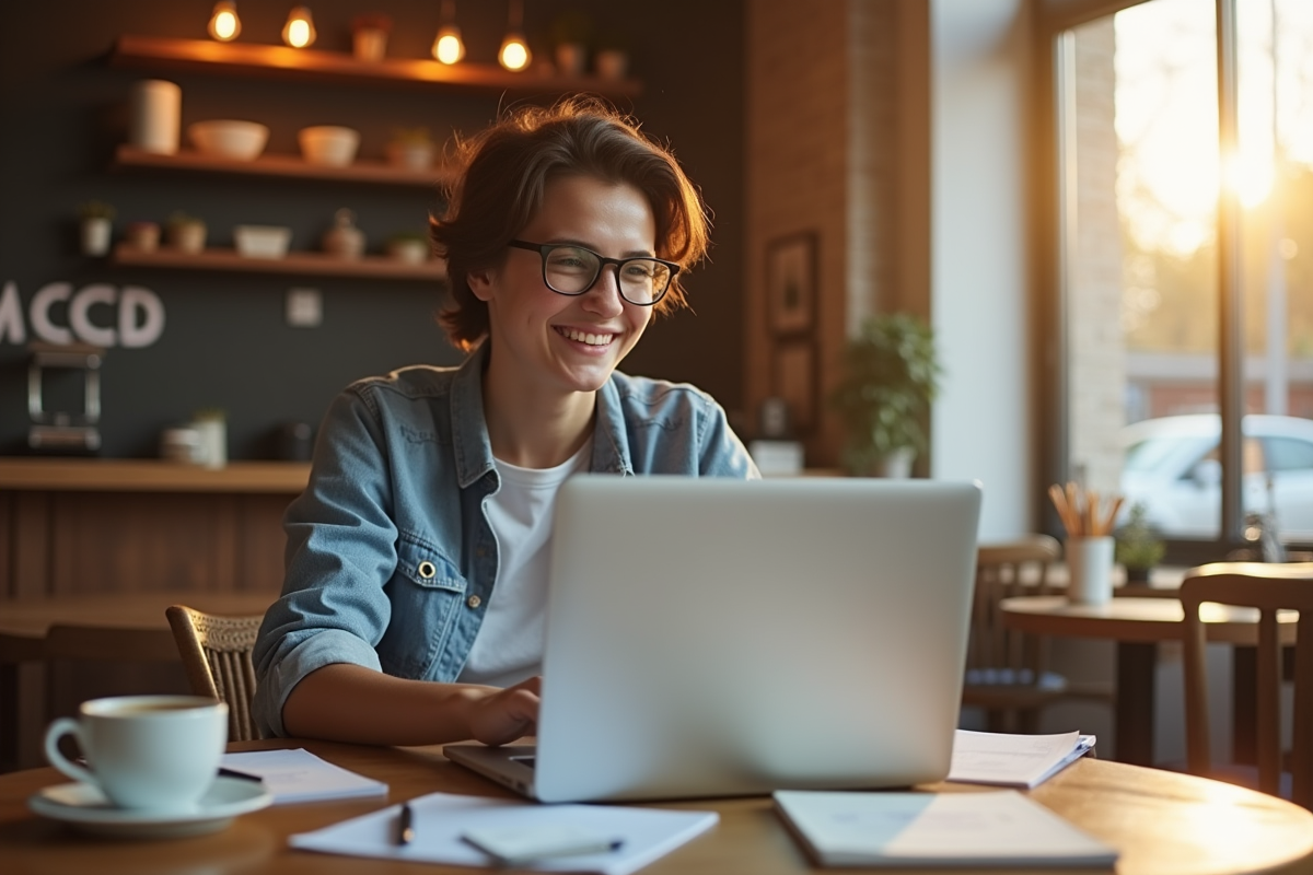Jeune entrepreneur souriant avec un ordinateur dans un café