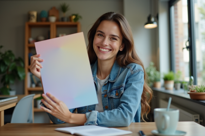 Jeune femme souriante avec affiche publicitaire colorée