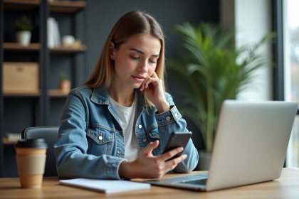 Jeune femme analysant ses statistiques Instagram en intérieur