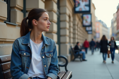 Jeune femme en ville regardant un panneau publicitaire