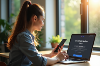 Jeune femme au bureau utilisant son ordinateur portable avec l'interface Geev