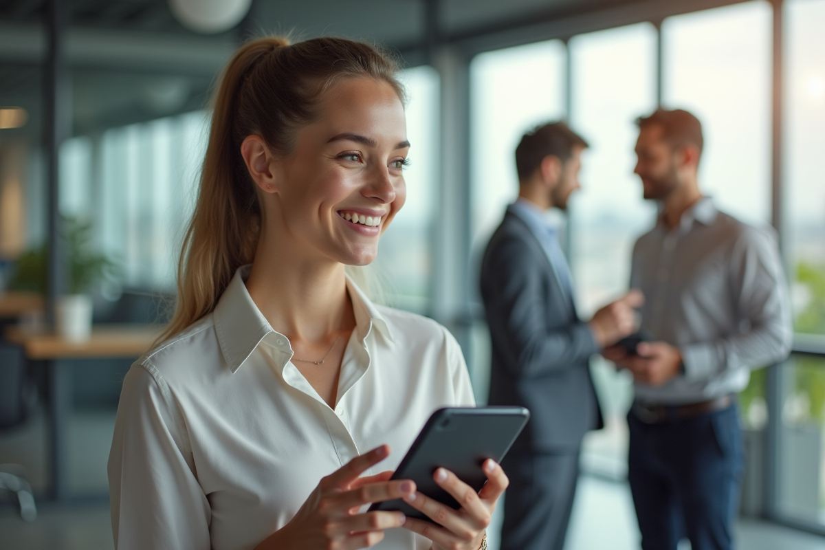 Jeune femme professionnelle avec gadget dans un bureau moderne