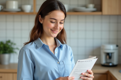 Jeune femme souriante tenant un test de diagnostic dans la cuisine