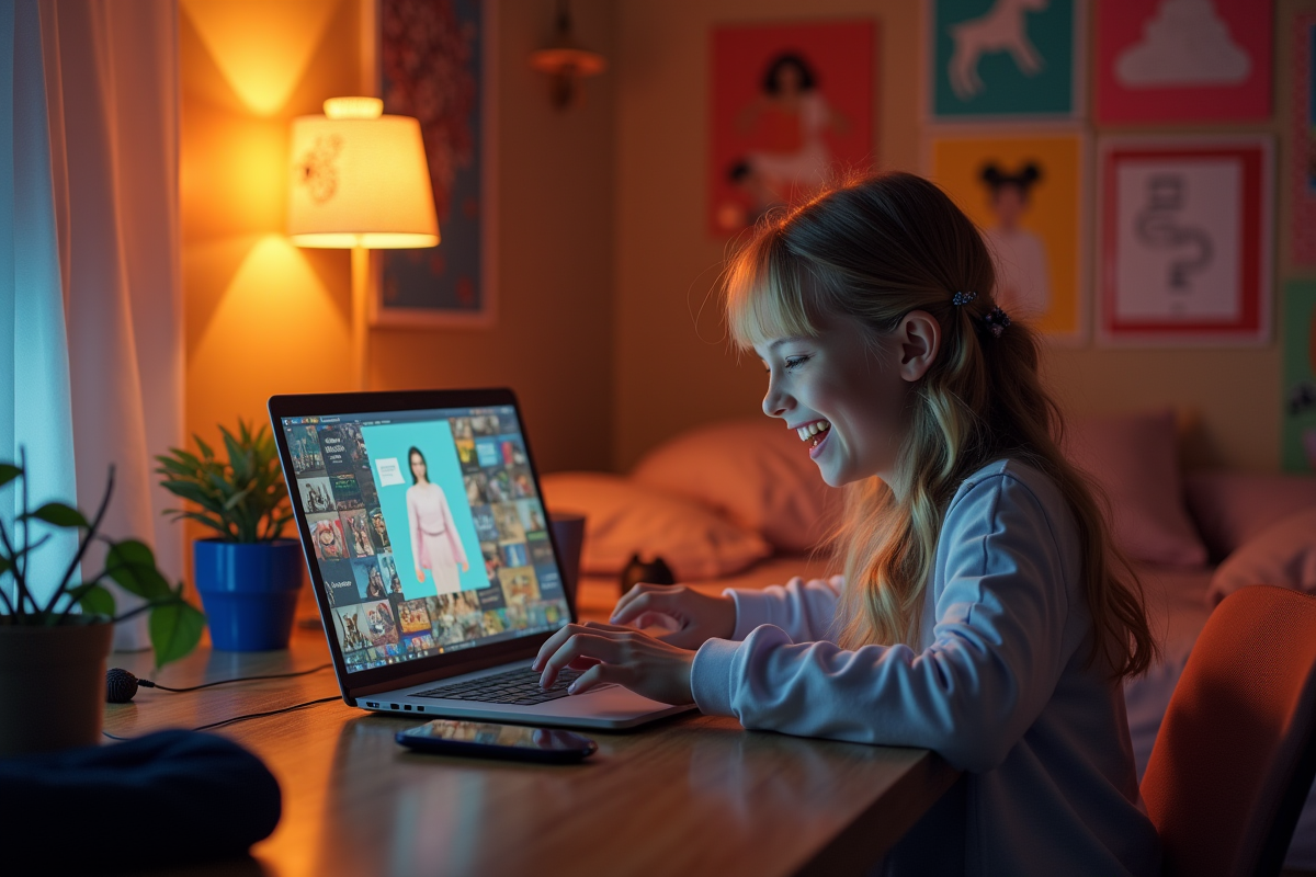 Jeune fille souriante utilisant un ordinateur dans sa chambre chaleureuse