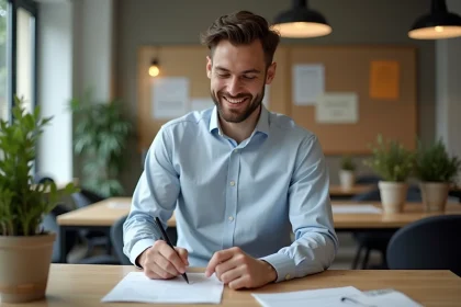 Jeune homme fran&ccedil;ais travaillant dans un coworking moderne