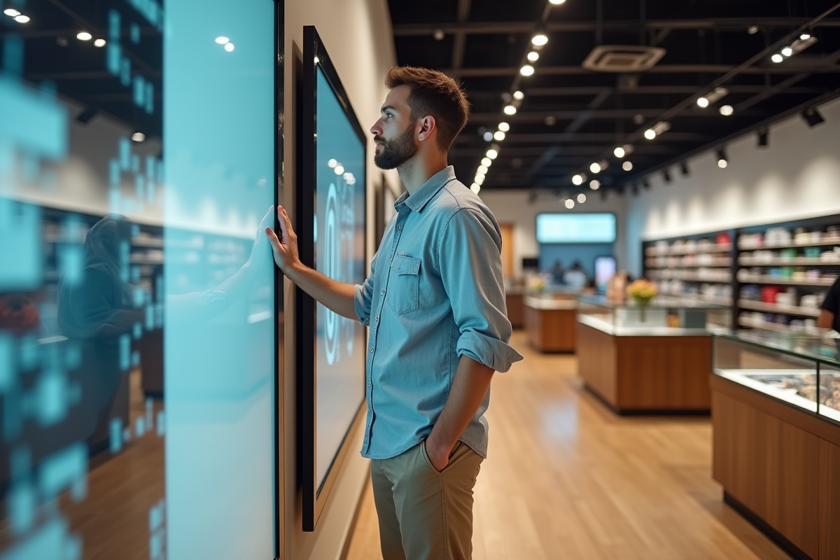 Jeune homme installant un écran digital dans un magasin moderne