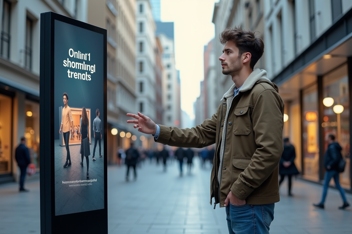 Jeune homme regardant une affiche digitale dans une place urbaine