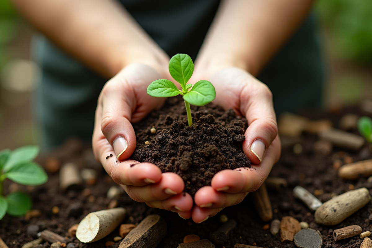 Mains tenant une petite plante verte dans un sol riche entourée de matériaux recyclés