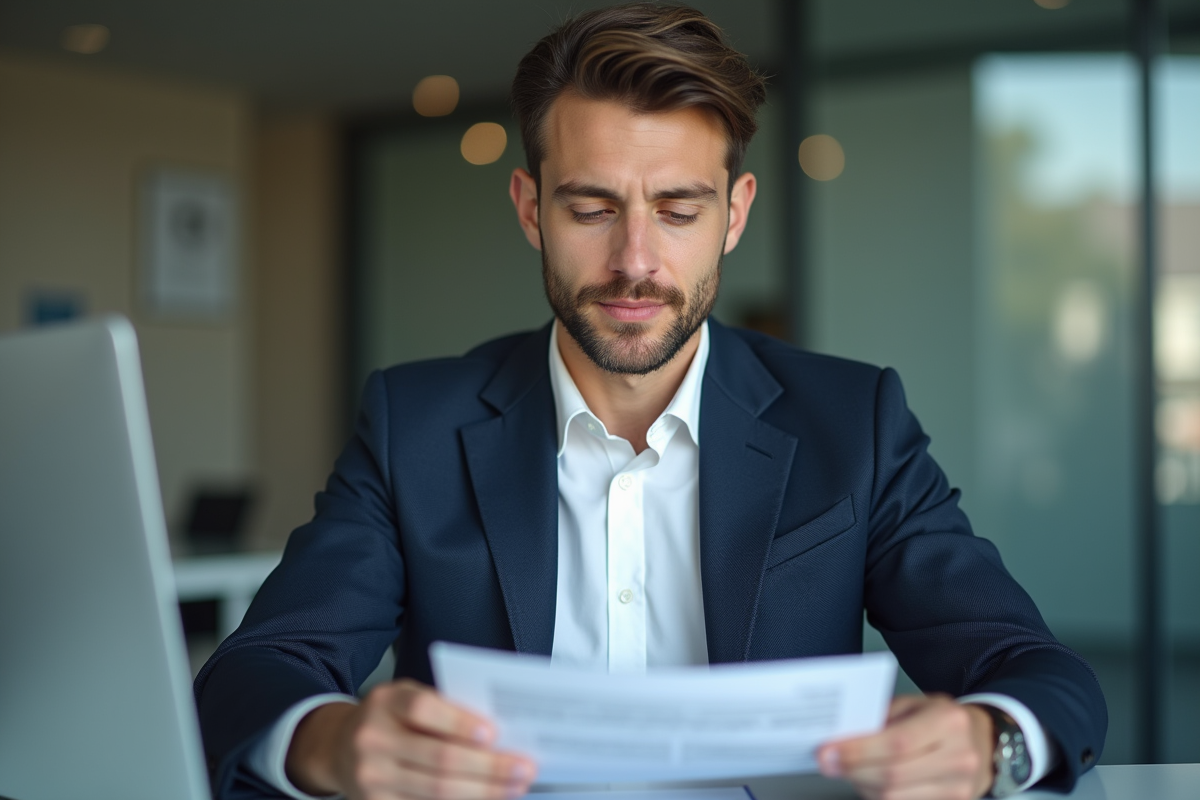 Jeune homme en costume bleu examine des rapports de salaire