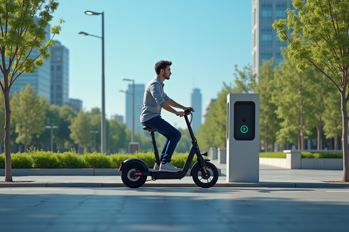 Jeune professionnel roulant en scooter électrique dans la ville