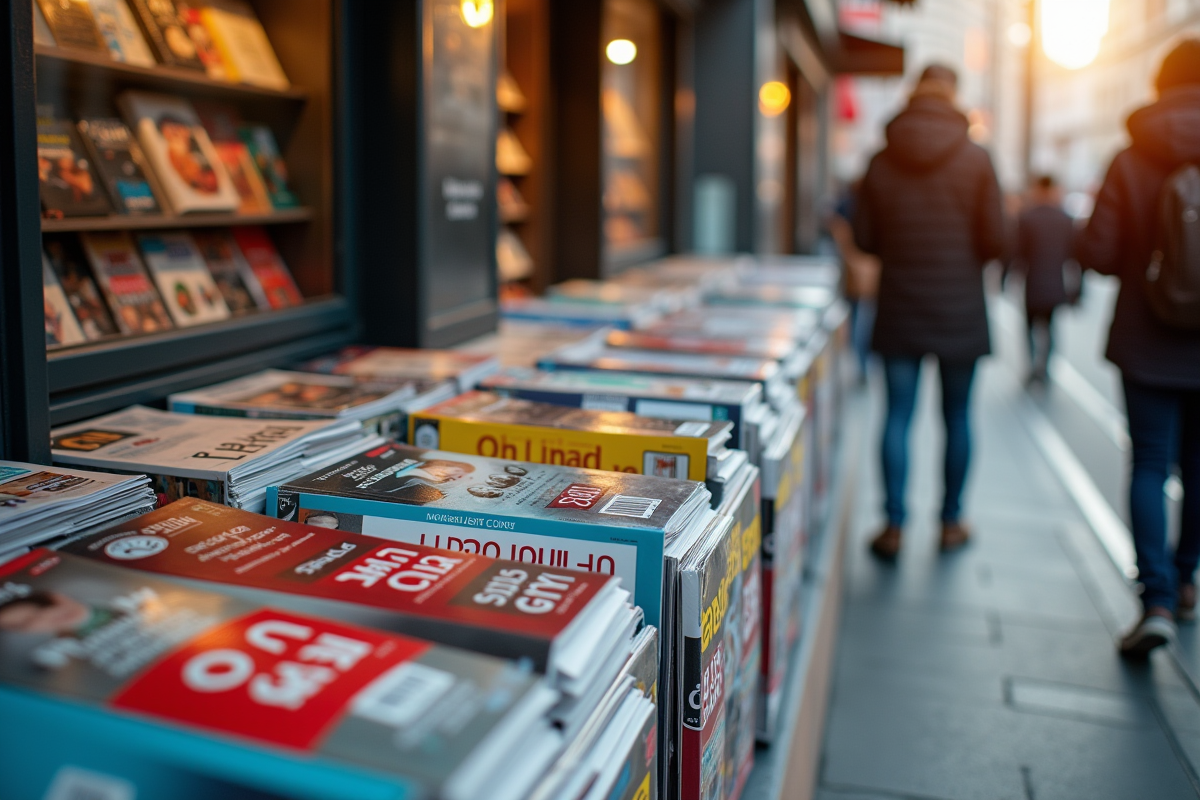 Kiosque à journaux colorés dans une rue animée le matin