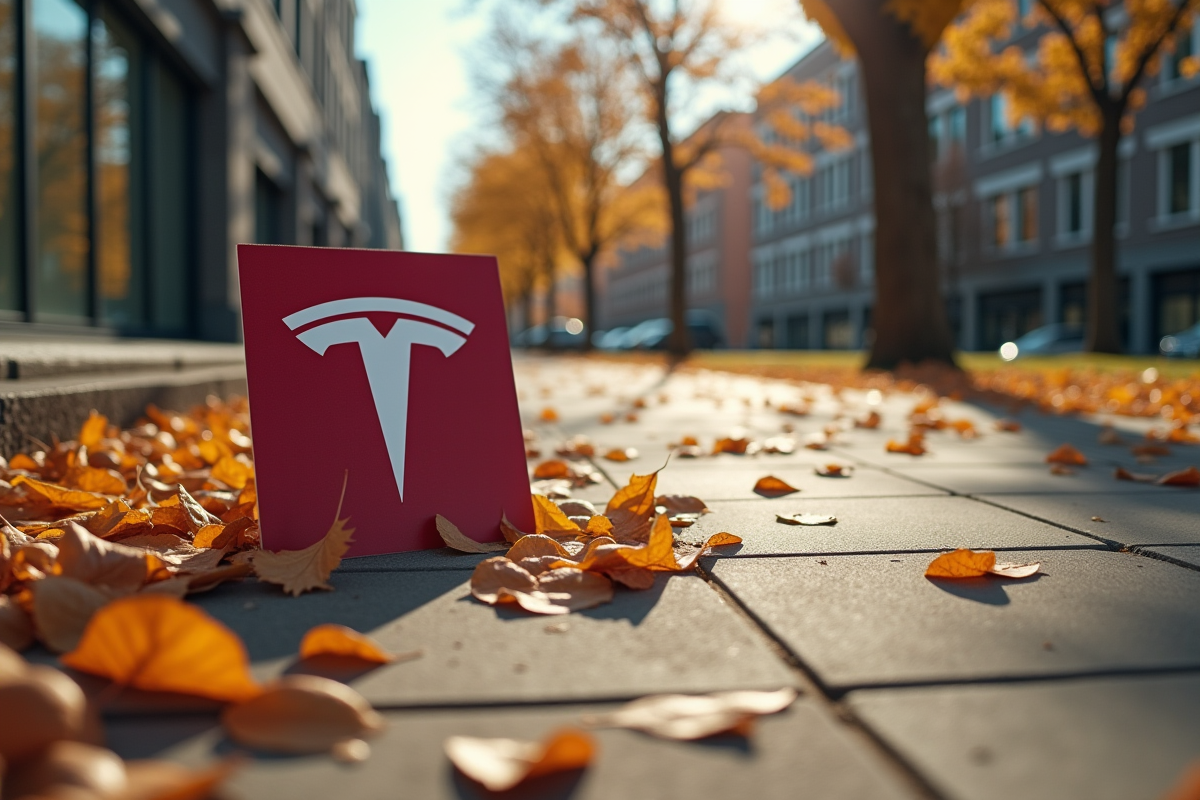Logo Tesla cassé sur le sol avec feuilles mortes
