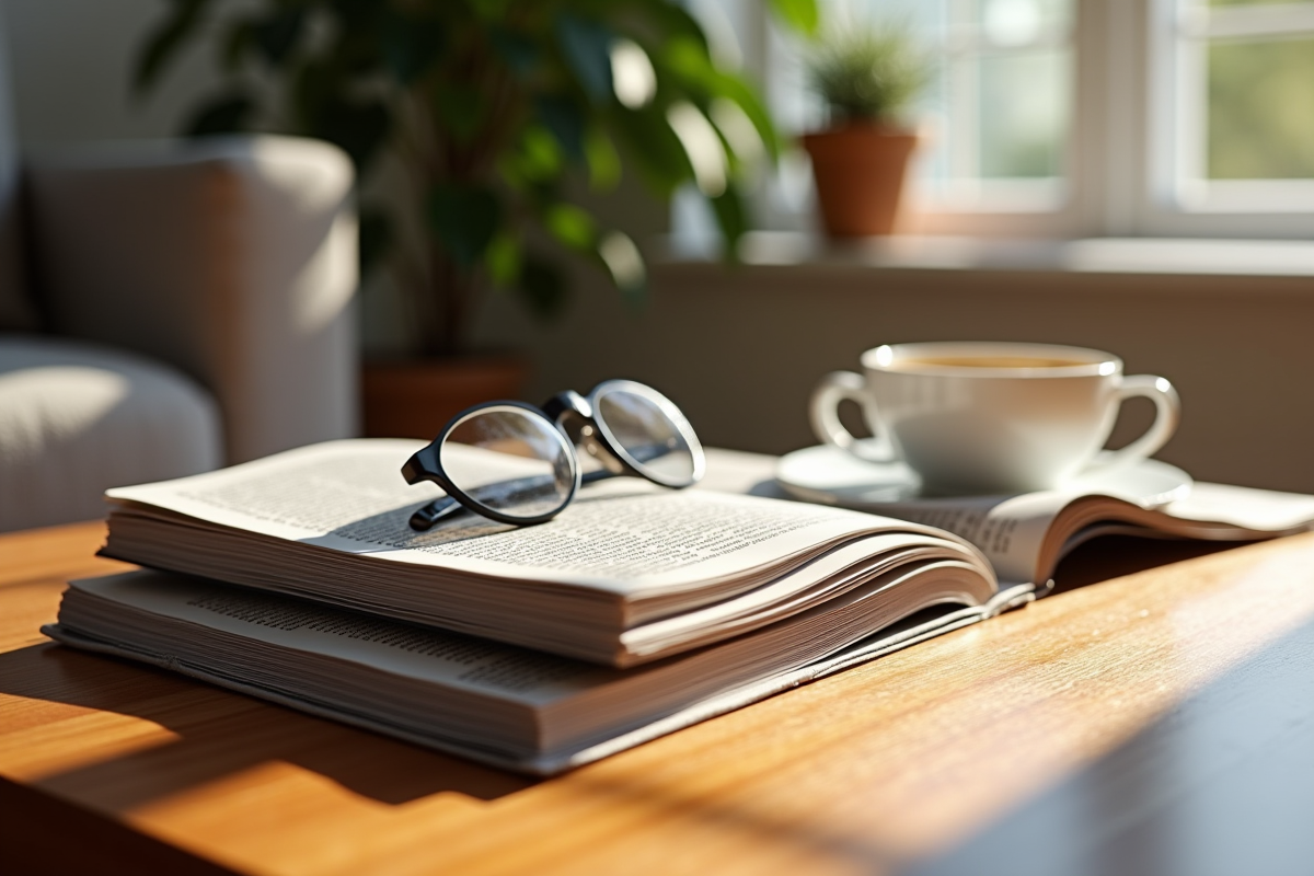 Magazines populaires empiles sur une table en bois avec café